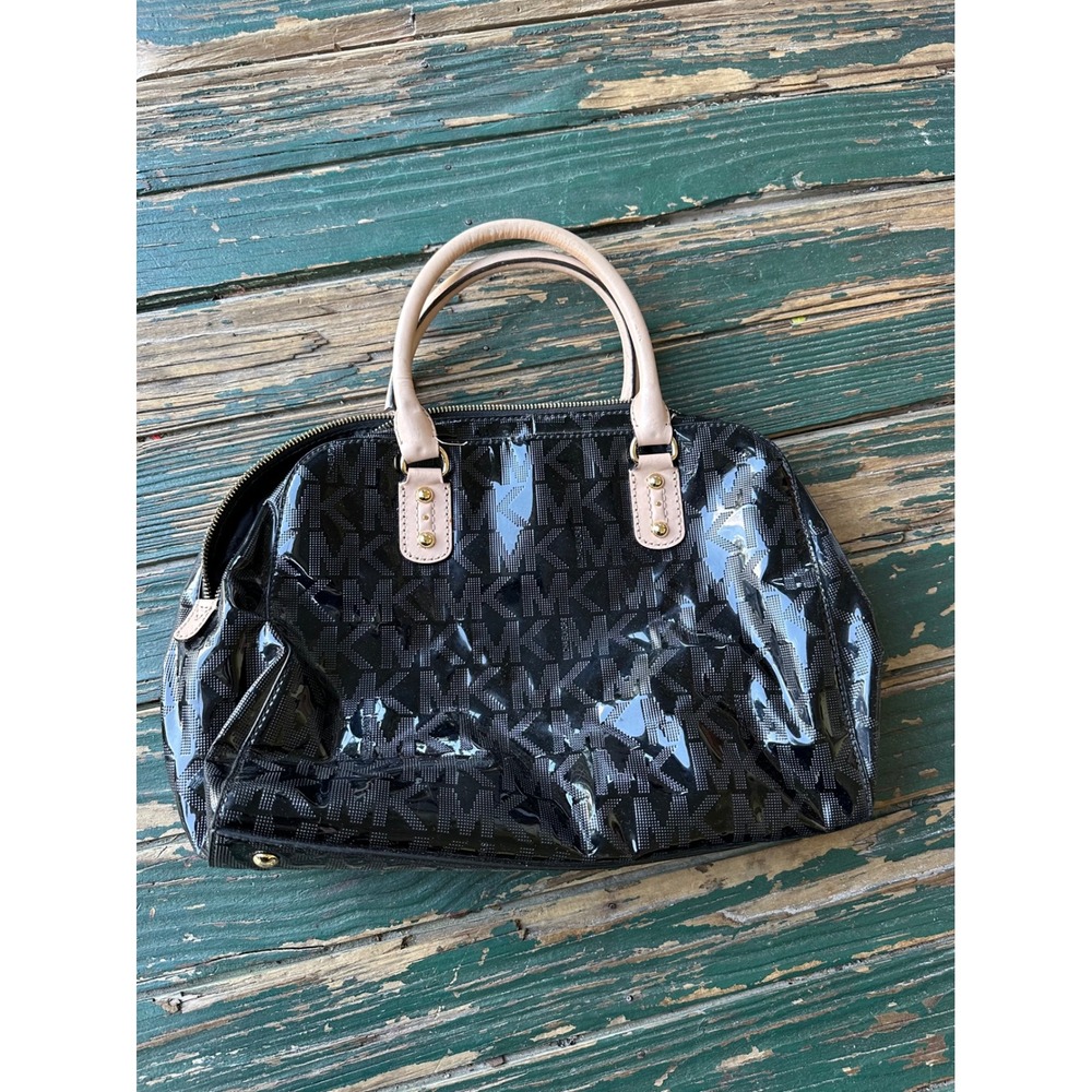 Michael Kors Black Patent MK Monogram Satchel Handbag Gold Hardware A3320